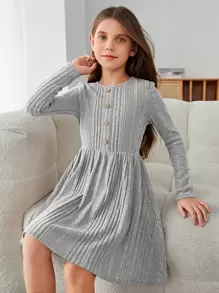 SHEIN Girls Button Front Ribbed Knit Dress - Light Grey - View 1