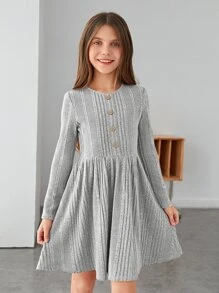 SHEIN Girls Button Front Ribbed Knit Dress - Light Grey - View 5