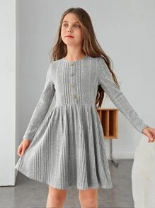 SHEIN Girls Button Front Ribbed Knit Dress - Light Grey - View 6