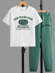 SHEIN 男孩標語圖案T恤和褲子 - 彩色 - 查看 1