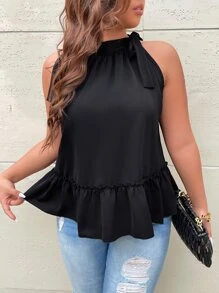 Franclia Plus Tie Shoulder Ruffle Hem Halter Top - Black - View 1