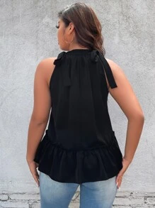 Franclia Plus Tie Shoulder Ruffle Hem Halter Top - Black - View 2