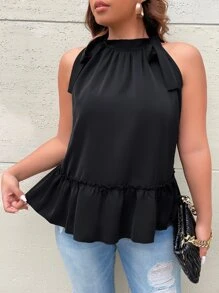 Franclia Plus Tie Shoulder Ruffle Hem Halter Top - Black - View 3