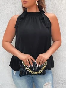 Franclia Plus Tie Shoulder Ruffle Hem Halter Top - Black - View 4