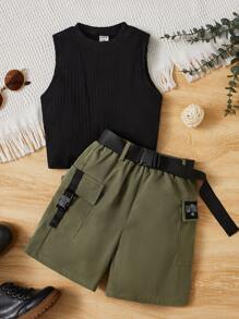 SHEIN Girls Ribbed Knit Tank Top & Letter Patched Flap Pocket Belted Shorts - Multicolor - View 1
