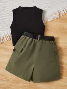 SHEIN Girls Ribbed Knit Tank Top & Letter Patched Flap Pocket Belted Shorts - Multicolor - View 2