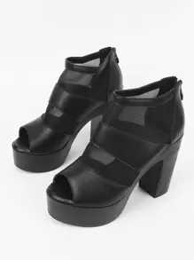 Zip Back Mesh Panel Platform Chunky Heeled Sandal Boots - Black - View 3