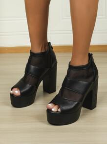 Zip Back Mesh Panel Platform Chunky Heeled Sandal Boots - Black - View 6