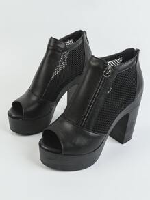 Mesh Panel Zip Front Platform Chunky Heeled Sandal Boots - Black - View 5