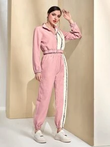 Mulvari Colourblock Zip Up Hooded Jacket & Jogger Trousers - Dusty Pink - View 5