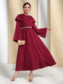 Modelyn Vestido de manga trompeta con cuello drapeado color rojo burdeos sin cinturón - Burdeos - Ver 1