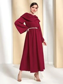 Modelyn Vestido de manga trompeta con cuello drapeado color rojo burdeos sin cinturón - Burdeos - Ver 3