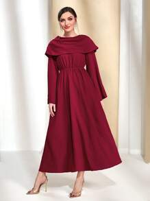 Modelyn Vestido de manga trompeta con cuello drapeado color rojo burdeos sin cinturón - Burdeos - Ver 4