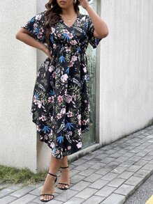 SHEIN Holidaya Plus Floral Print Butterfly Sleeve Dress - Multicolor - View 5