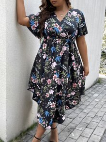 SHEIN Holidaya Plus Floral Print Butterfly Sleeve Dress - Multicolor - View 6