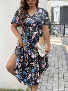 SHEIN Holidaya Plus Floral Print Butterfly Sleeve Dress - Multicolor - View 1