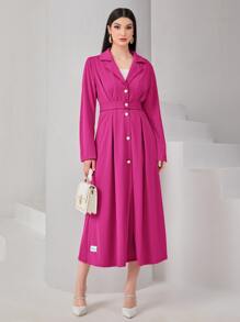 Mulvari Lapel Collar Button Front Fold Pleated Shirt Dress - Watermelon Pink - View 1