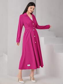 Mulvari Lapel Collar Button Front Fold Pleated Shirt Dress - Watermelon Pink - View 3