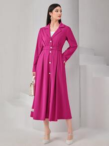 Mulvari Lapel Collar Button Front Fold Pleated Shirt Dress - Watermelon Pink - View 5