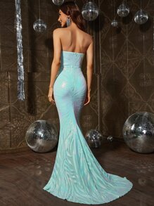 Mermaid Hem Sequin Tube Formal Dress - Baby Blue - View 2