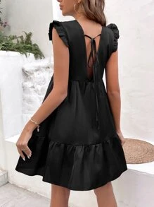 SHEIN Privé Vestido smock con lentejuela en contraste de manga mariposa bajo con fruncido - Negro - Ver 4
