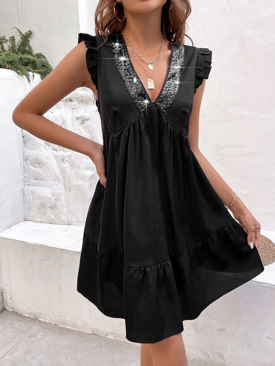 SHEIN Privé Vestido smock con lentejuela en contraste de manga mariposa bajo con fruncido - Negro - Ver 1