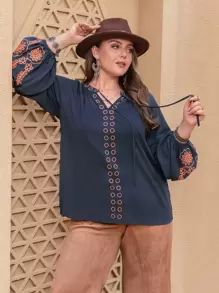 Rusttydustty 大碼繫帶領燈籠袖刺繡細節上衣 - 水鴨藍 - 查看 4