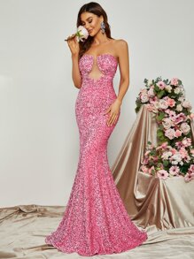 Mesh Insert Sequin Tube Formal Dress - Pink - View 1