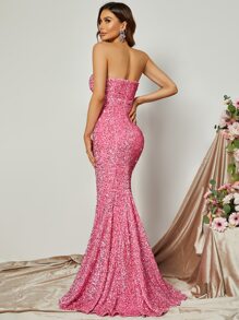 Mesh Insert Sequin Tube Formal Dress - Pink - View 2