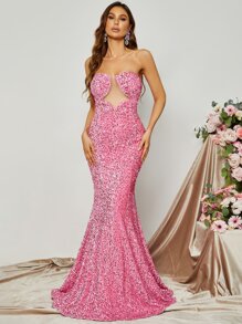 Mesh Insert Sequin Tube Formal Dress - Pink - View 3