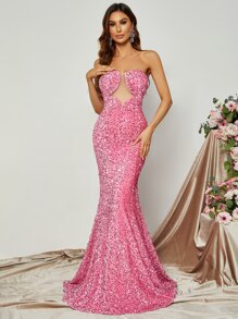 Mesh Insert Sequin Tube Formal Dress - Pink - View 4