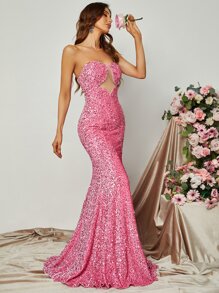 Mesh Insert Sequin Tube Formal Dress - Pink - View 6