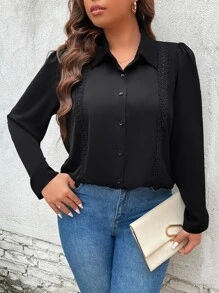 SHEIN LUNE Camisa con encaje de manga farol - Negro - Ver 1