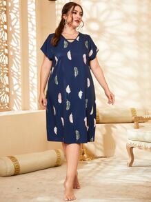 大碼羽毛印花前鏤空蝙蝠袖睡裙 - 藏蓝色 - 查看 1