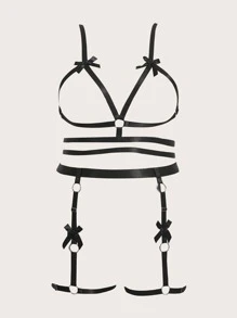 Set de lencería con lazo delantero arnés con liga - Negro - Ver 1