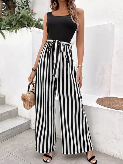 Chiquease 條紋印花腰帶連身褲