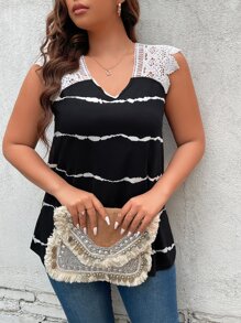 SHEIN LUNE Camiseta de tie dye con encaje en contraste - Blanco y Negro - Ver 1