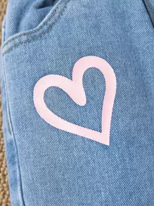 SHEIN Playful Pals Baby Girl Heart Print Elastic Waist Jeans - Light Wash - View 5