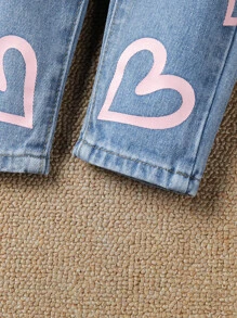 SHEIN Playful Pals Baby Girl Heart Print Elastic Waist Jeans - Light Wash - View 7
