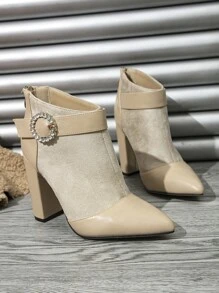 Rhinestone & Buckle Decor Point Toe Chunky Heeled Faux Suede Classic Boots - Apricot - View 2