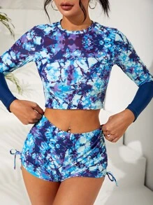 Allover Print High Neck Shorts Bikini Set Summer Beach - Multicolor - View 5