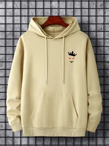 Manfinity Hombres Capucha con estampado de corona con bolsillo de canguro con cordón - Caqui - Ver 1