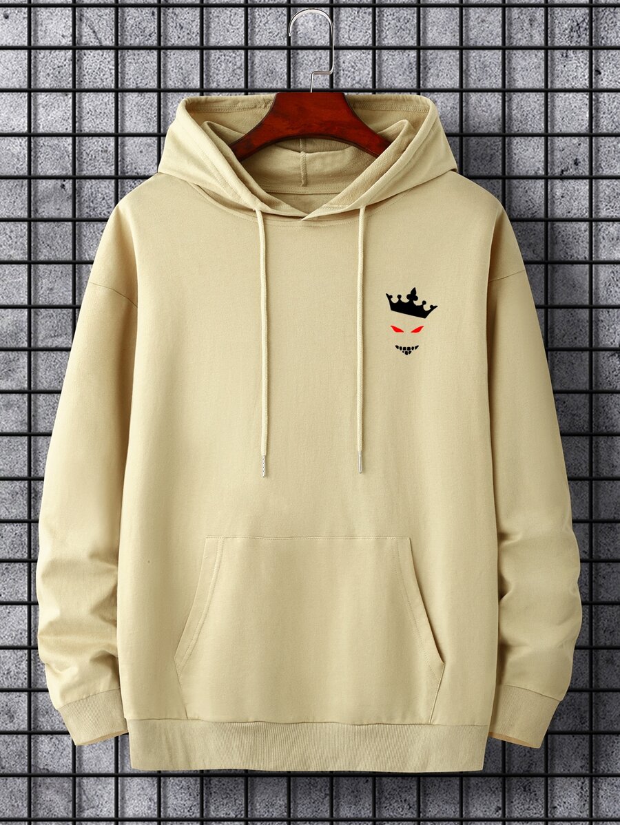 Manfinity Hombres Capucha con estampado de corona con bolsillo de canguro con cordón - Caqui - Ver 1