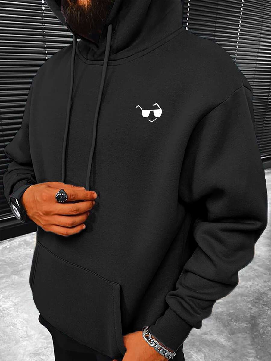 Manfinity Men Cartoon Graphic Kangaroo Pocket Drop Shoulder Drawstring Hoodie - Black - View 1