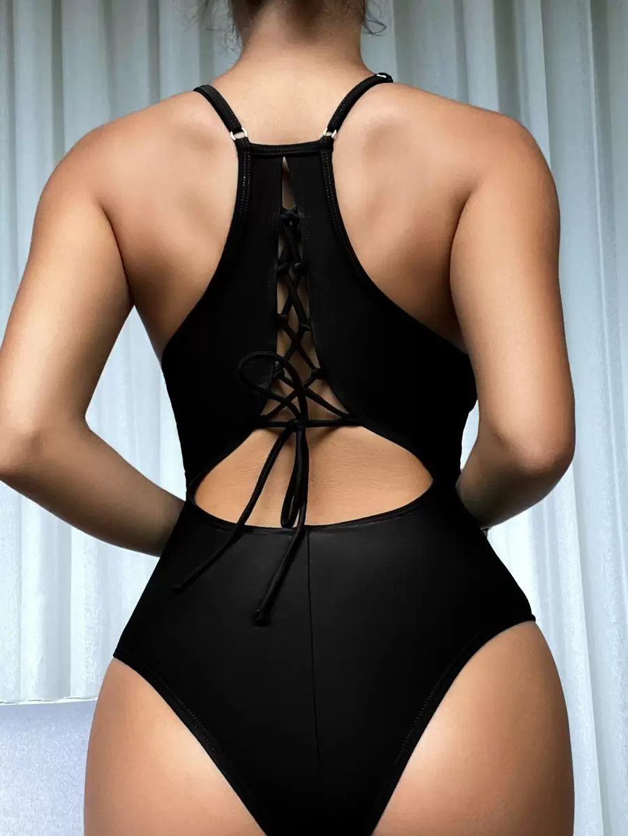 Plain Lace Up Backless One Piece Swimsuit - Black - View 1