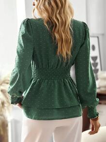 SHEIN Clasi Swiss Dot Lantern Sleeve Peplum Blouse - Dark Green - View 2