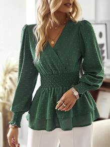 SHEIN Clasi Swiss Dot Lantern Sleeve Peplum Blouse - Dark Green - View 3