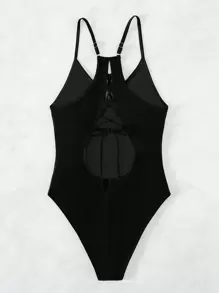Plain Lace Up Backless One Piece Swimsuit - Black - View 4