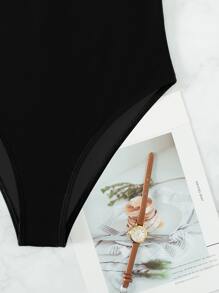 Plain Lace Up Backless One Piece Swimsuit - Black - View 5