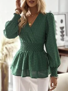 SHEIN Clasi Swiss Dot Lantern Sleeve Peplum Blouse - Dark Green - View 6